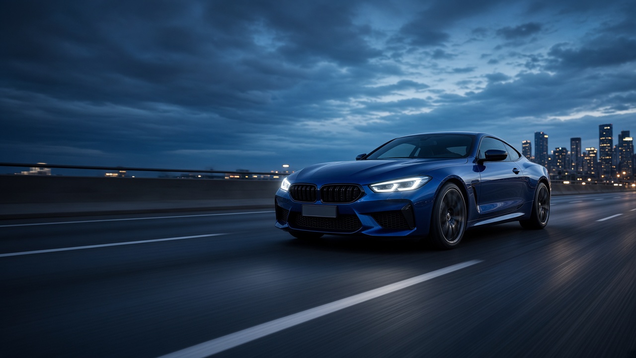 A coupe in motion on a highway at dusk